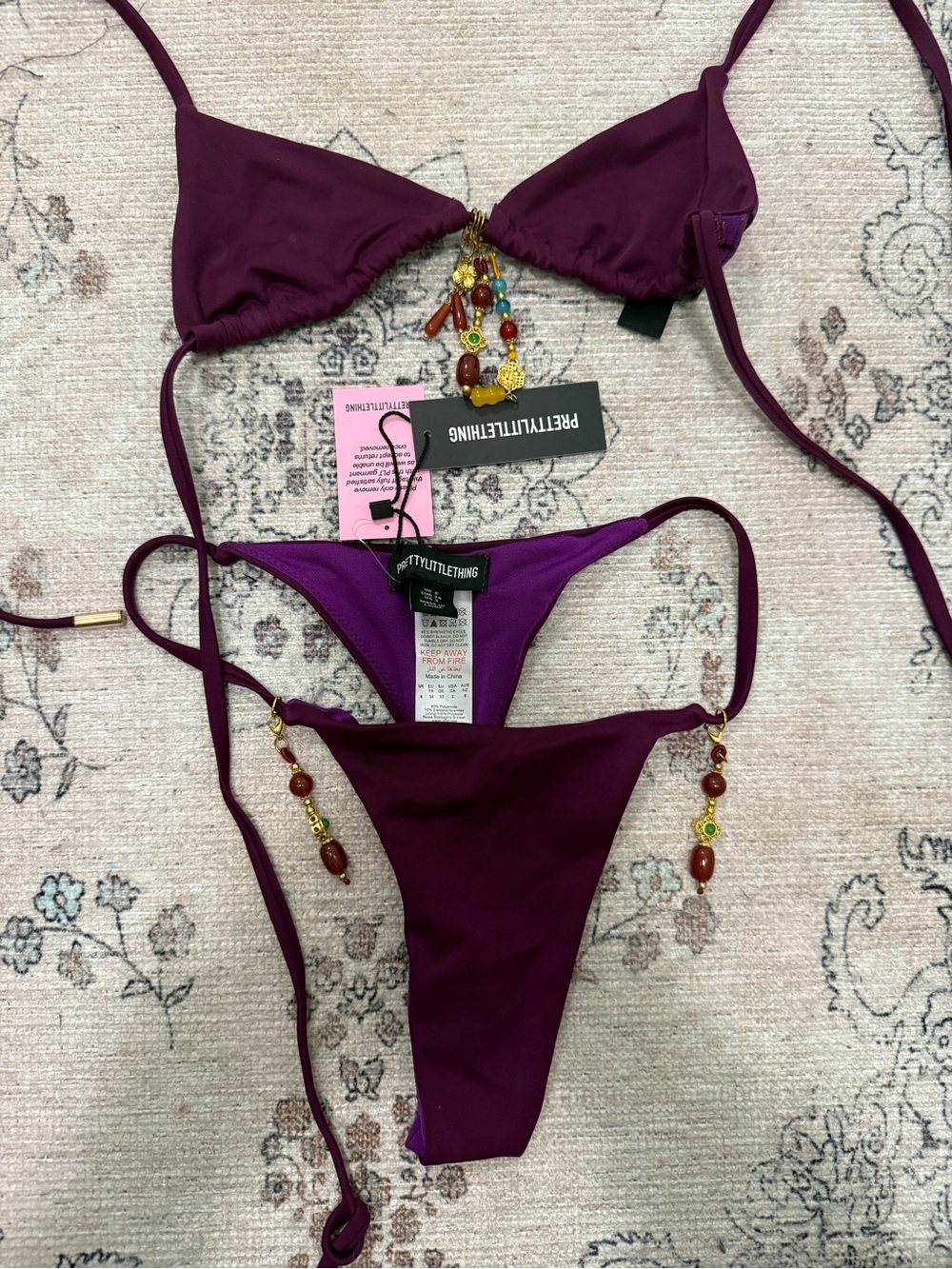 PrettyLittleThing Plum Beaded Triangle String Bikini NEW